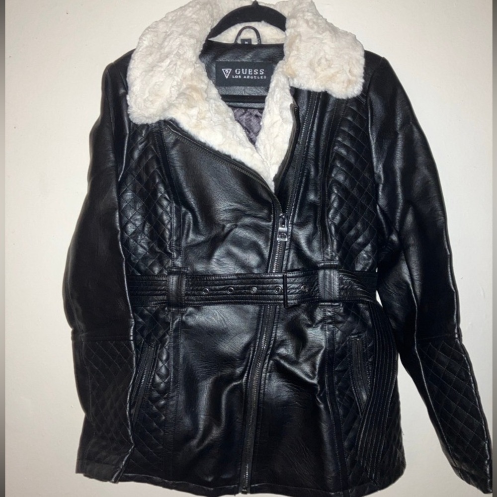 GUESS Faux Leather and Faux Fur Asymmetrical Collared Jacket.